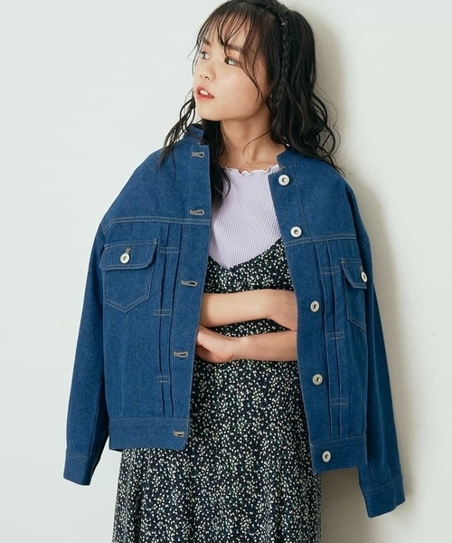 a.v.v（アーヴェヴェ）の「[100-130]【洗える/セットアップ対応】マオカラージージャン（デニムジャケット・キッズ・ライトパープル/ブルー・130/120）」の6枚目の写真