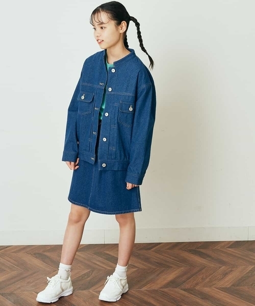 a.v.v（アーヴェヴェ）の「[100-130]【洗える/セットアップ対応】マオカラージージャン（デニムジャケット・キッズ・ライトパープル/ブルー・130/120）」の4枚目の写真