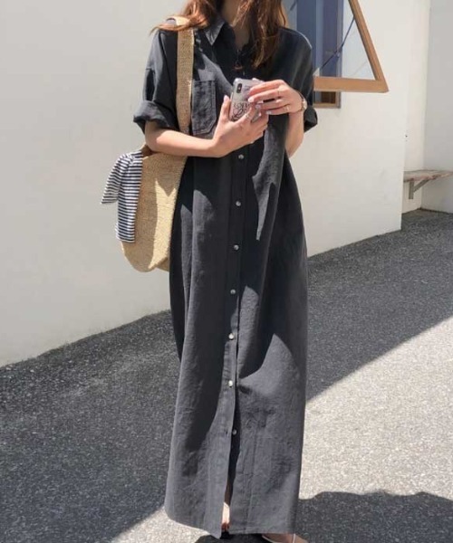 Vipoa（ヴィポア）の「ロングシャツサマーワンピース（シャツワンピース・レディース・チャコールグレー/ライトグリーン/アイボリー・FREE）」の2枚目の写真