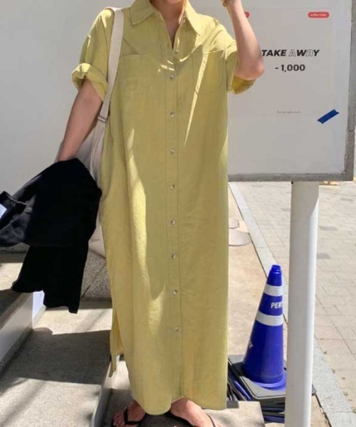 Vipoa（ヴィポア）の「ロングシャツサマーワンピース（シャツワンピース・レディース・チャコールグレー/ライトグリーン/アイボリー・FREE）」の3枚目の写真