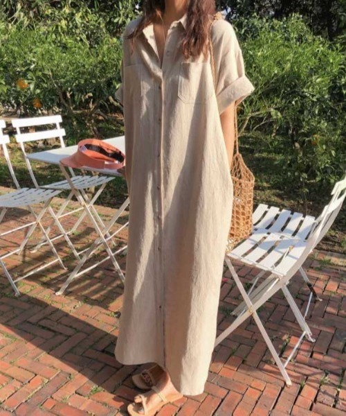 Vipoa（ヴィポア）の「ロングシャツサマーワンピース（シャツワンピース・レディース・チャコールグレー/ライトグリーン/アイボリー・FREE）」の7枚目の写真