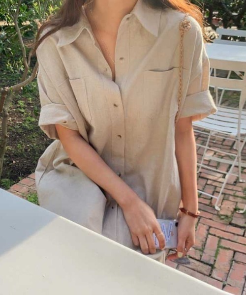 Vipoa（ヴィポア）の「ロングシャツサマーワンピース（シャツワンピース・レディース・チャコールグレー/ライトグリーン/アイボリー・FREE）」の9枚目の写真