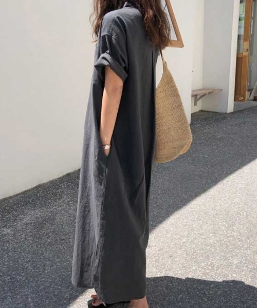 Vipoa（ヴィポア）の「ロングシャツサマーワンピース（シャツワンピース・レディース・チャコールグレー/ライトグリーン/アイボリー・FREE）」の10枚目の写真