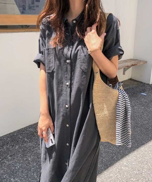 Vipoa（ヴィポア）の「ロングシャツサマーワンピース（シャツワンピース・レディース・チャコールグレー/ライトグリーン/アイボリー・FREE）」の11枚目の写真