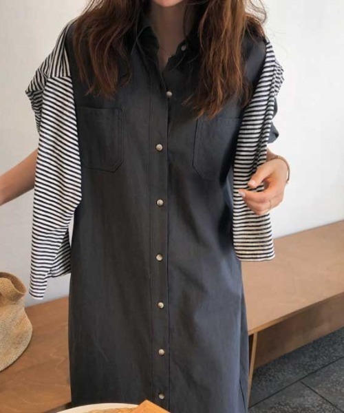 Vipoa（ヴィポア）の「ロングシャツサマーワンピース（シャツワンピース・レディース・チャコールグレー/ライトグリーン/アイボリー・FREE）」の14枚目の写真