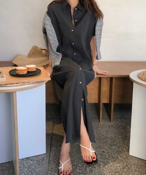Vipoa（ヴィポア）の「ロングシャツサマーワンピース（シャツワンピース・レディース・チャコールグレー/ライトグリーン/アイボリー・FREE）」の15枚目の写真