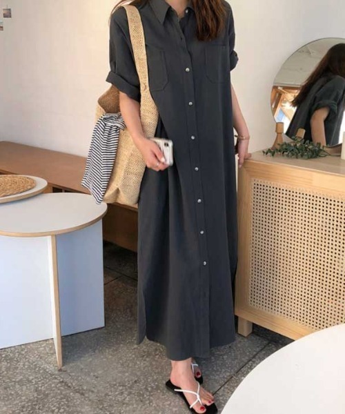 Vipoa（ヴィポア）の「ロングシャツサマーワンピース（シャツワンピース・レディース・チャコールグレー/ライトグリーン/アイボリー・FREE）」の18枚目の写真