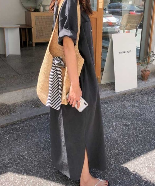 Vipoa（ヴィポア）の「ロングシャツサマーワンピース（シャツワンピース・レディース・チャコールグレー/ライトグリーン/アイボリー・FREE）」の19枚目の写真