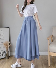 シフォンプリーツレイヤードフレアパンツ