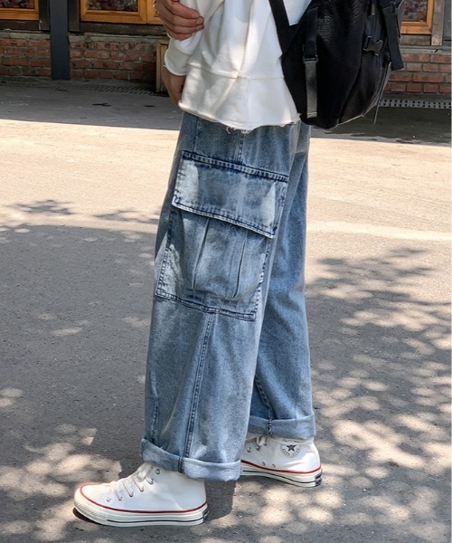 ARCADE（アーケード）の「-ARCADE Limited Line-　ワイド デニムカーゴ デニムパンツ ビンテージウォッシュ（デニムパンツ・メンズ・ライトインディゴブルー/ブラック/ライトブラック・M/L/XXL/XL）」の8枚目の写真