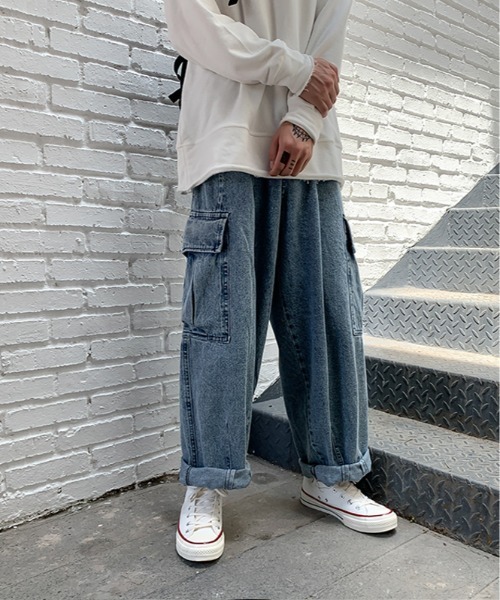 ARCADE（アーケード）の「-ARCADE Limited Line-　ワイド デニムカーゴ デニムパンツ ビンテージウォッシュ（デニムパンツ・メンズ・ライトインディゴブルー/ブラック/ライトブラック・M/L/XXL/XL）」の12枚目の写真