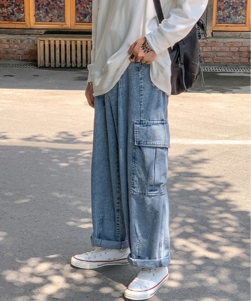 ARCADE（アーケード）の「-ARCADE Limited Line-　ワイド デニムカーゴ デニムパンツ ビンテージウォッシュ（デニムパンツ・メンズ・ライトインディゴブルー/ブラック/ライトブラック・M/L/XXL/XL）」の4枚目の写真