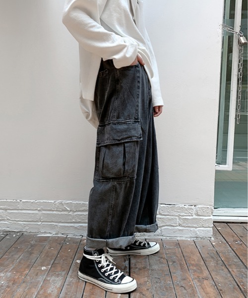 ARCADE（アーケード）の「-ARCADE Limited Line-　ワイド デニムカーゴ デニムパンツ ビンテージウォッシュ（デニムパンツ・メンズ・ライトインディゴブルー/ブラック/ライトブラック・M/L/XXL/XL）」の5枚目の写真