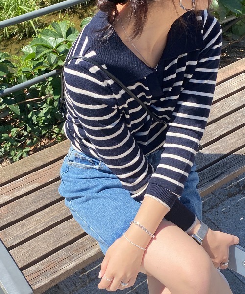 by muni:r（バイ ムニール）の「スリットストライプニット（ニット/セーター・レディース・ネイビー/アイボリー・FREE）」の19枚目の写真