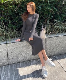 [ 岡部あゆみさんコラボ ] 選べる2タイプ リブニットロングスリーブワンピース
