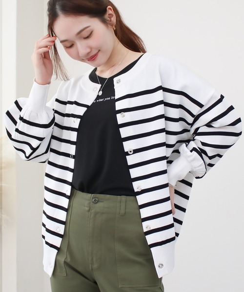 Random RIBシャツカーディガン ホワイト/ブラック　ボーダー 2WAYボーダーカーディガン（カーディガン/ボレロ）｜Social GIRL