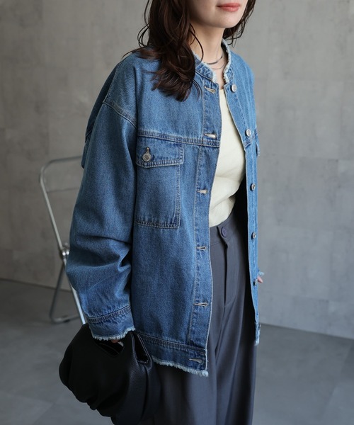 美品　トゥービーシック　サイズ42 ノーカラーデニムジャケット セール】 TO BE CHIC (大きいサイズ) / トゥー ビー シック