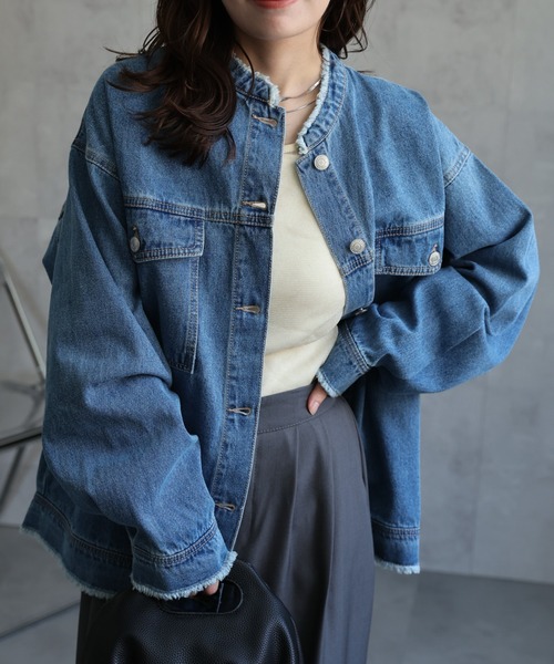 ※ぴなっち様※クレージュノーカラーデニムジャケット　フリンジ　紺色シルバーボタン NO COLLAR JEAN JACKET ／ ノーカラー デニムジャケット