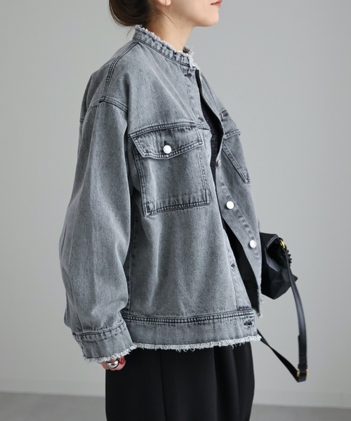 ap retro（アプレトロ）の「【選べるデザイン】ノーカラーGジャン / ビックデニムジャケット（デニムジャケット・レディース・ブラック系その他/ブルー系その他/アイボリー/ネイビー/ブルー/ブルー系その他2/ブラック系その他2・FREE）」の10枚目の写真