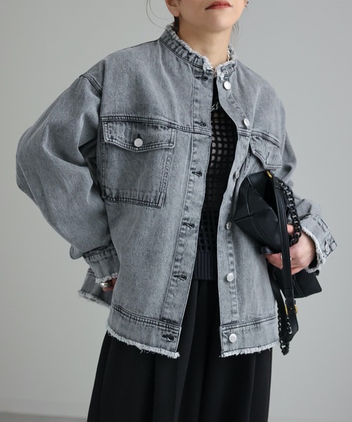 ap retro（アプレトロ）の「【選べるデザイン】ノーカラーGジャン / ビックデニムジャケット（デニムジャケット・レディース・ブラック系その他/ブルー系その他/アイボリー/ネイビー/ブルー/ブルー系その他2/ブラック系その他2・FREE）」の9枚目の写真