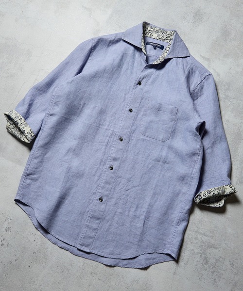 UNION STATION(ユニオンステーション)の「プレミアムフレンチリネン七分袖スキッパーシャツ/麻100%(シャツ/ブラウス・メンズ・ライトグレー/ブルー/ブラウン/ネイビー/ベージュ/パープル・LL/M/L)」の6枚目の写真