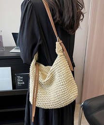 【2WAY/軽量】かご編みメッシュ×ポイントレザーのバケツショルダーバッグ/トートバッグ