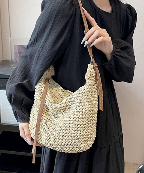 florist（フローリスト）の「【2WAY/軽量】かご編みメッシュ×ポイントレザーのバケツショルダーバッグ/トートバッグ（かごバッグ・レディース・ブラウン/ベージュ・FREE）」の10枚目の写真