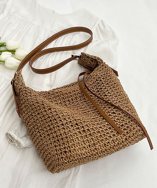 florist（フローリスト）の「【2WAY/軽量】かご編みメッシュ×ポイントレザーのバケツショルダーバッグ/トートバッグ（かごバッグ・レディース・ブラウン/ベージュ・FREE）」の13枚目の写真