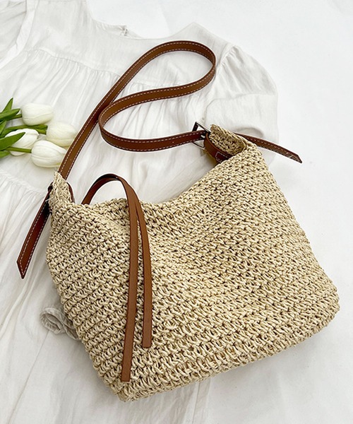 florist（フローリスト）の「【2WAY/軽量】かご編みメッシュ×ポイントレザーのバケツショルダーバッグ/トートバッグ（かごバッグ・レディース・ブラウン/ベージュ・FREE）」の14枚目の写真