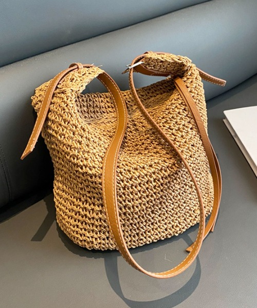 florist（フローリスト）の「【2WAY/軽量】かご編みメッシュ×ポイントレザーのバケツショルダーバッグ/トートバッグ（かごバッグ・レディース・ブラウン/ベージュ・FREE）」の15枚目の写真