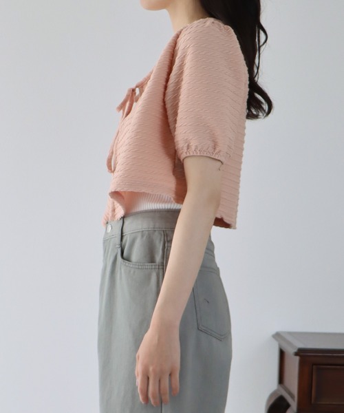 BLUEEAST（ブルーイースト）の「半袖ケーブル柄リボンカーディガン（カーディガン/ボレロ・レディース・ネイビー/ピンク/アイボリー/ブラック/ベージュ・MEDIUM）」の13枚目の写真