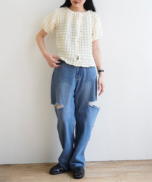 VENCEEXCHANGE（ヴァンスエクスチェンジ）の「ポコポコボリューム半袖カーディガン/ポップコーンカーディガン（Tシャツ/カットソー・レディース・イエロー/オフホワイト/ブラック/パープル・M）」の14枚目の写真