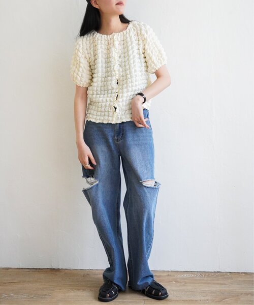 VENCEEXCHANGE（ヴァンスエクスチェンジ）の「ポコポコボリューム半袖カーディガン/ポップコーンカーディガン（Tシャツ/カットソー・レディース・イエロー/オフホワイト/ブラック/パープル・M）」の7枚目の写真