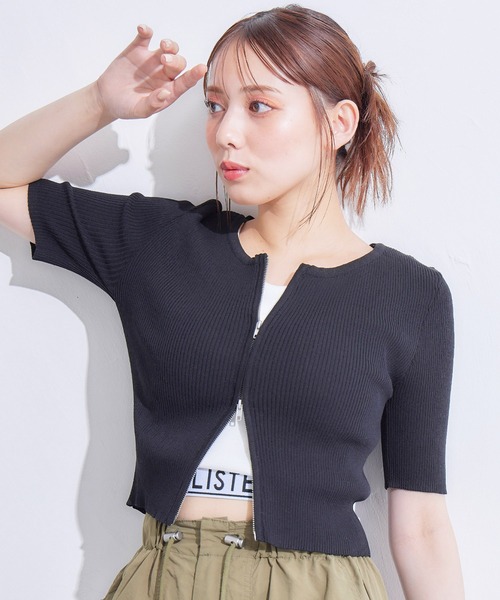 René 黒 半袖カーディガン ジッパー付き トッパーニットカーディガン(S ブラック): トップス｜Right-on公式