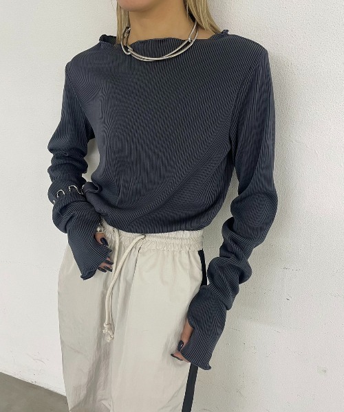 AIC.（エーアイシー）の「配色リブメロートップス（Tシャツ/カットソー・レディース・ブラック/ブルー/ベージュ/ライトグレー・FREE）」の4枚目の写真