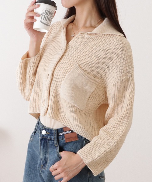 Lace Ladies（レースレディース）の「コンパクト衿付きニット長袖カーディガン（ニット/セーター・レディース・ブラウン/ベージュ/ダークグレー・FREE）」の9枚目の写真