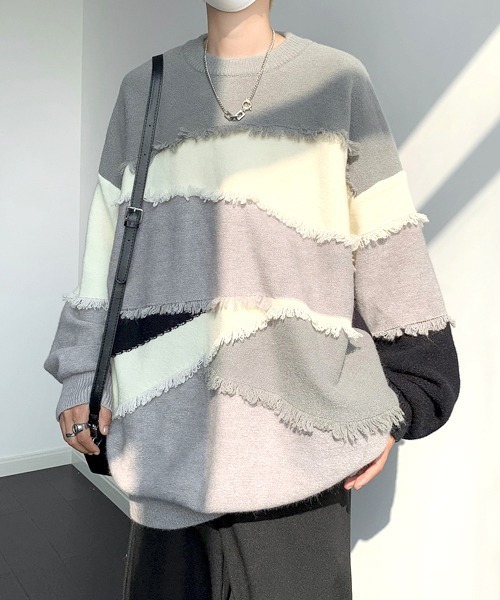 FVLMEN（フルメン）の「【FVLMEN】fringe cut crew knit pullover/フリンジ カット クルー ニット プルオーバー（ニット/セーター・メンズ・ベージュ/グレー・X-LARGE/LARGE/MEDIUM）」の6枚目の写真