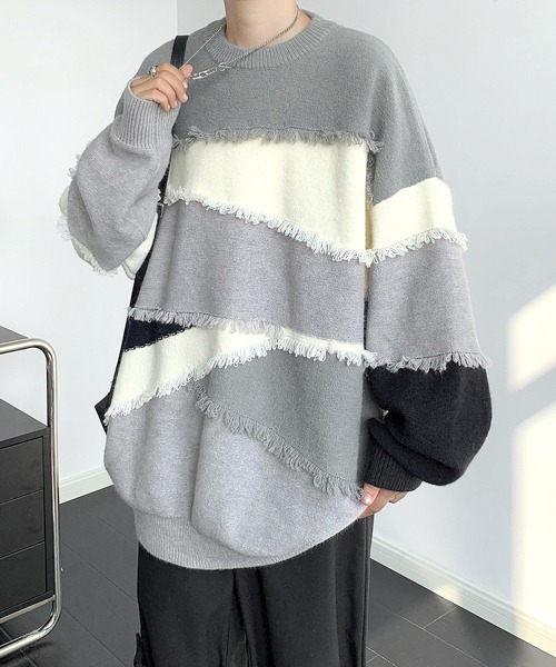 FVLMEN（フルメン）の「【FVLMEN】fringe cut crew knit pullover/フリンジ カット クルー ニット プルオーバー（ニット/セーター・メンズ・ベージュ/グレー・X-LARGE/LARGE/MEDIUM）」の3枚目の写真