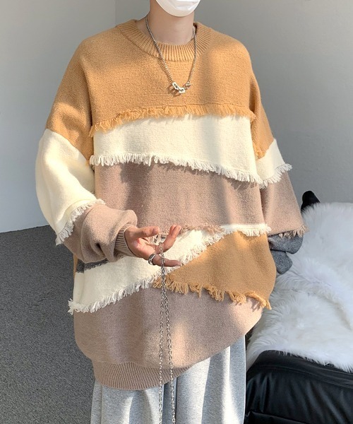 FVLMEN（フルメン）の「【FVLMEN】fringe cut crew knit pullover/フリンジ カット クルー ニット プルオーバー（ニット/セーター・メンズ・ベージュ/グレー・X-LARGE/LARGE/MEDIUM）」の17枚目の写真