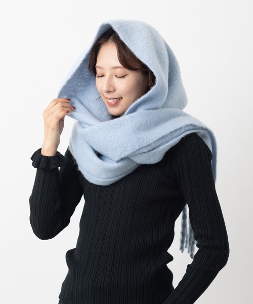 emonique（エモニーク）の「ボリューム フリンジ大判マフラー ストール プレーン ふわふわざっくり（マフラー・レディース・ブラウン/ライトブルー/スカイブルー/ホワイト/ブルー/ベージュ/モスグリーン/キャメル/ピンク/ブラック・FREE）」の6枚目の写真
