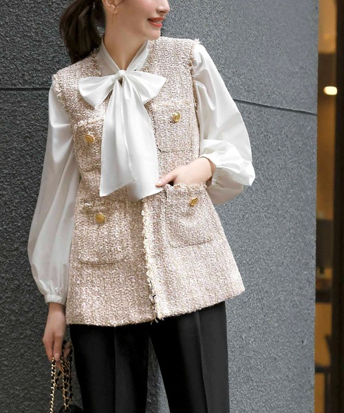 セール】【3点セット】ツイードベスト ボウタイブラウス テーパード