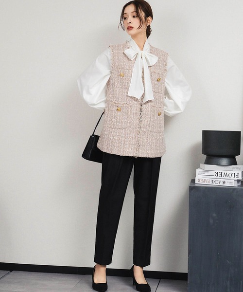 セール】【3点セット】ツイードベスト ボウタイブラウス テーパード