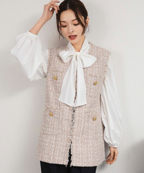 セール】【3点セット】ツイードベスト ボウタイブラウス テーパード