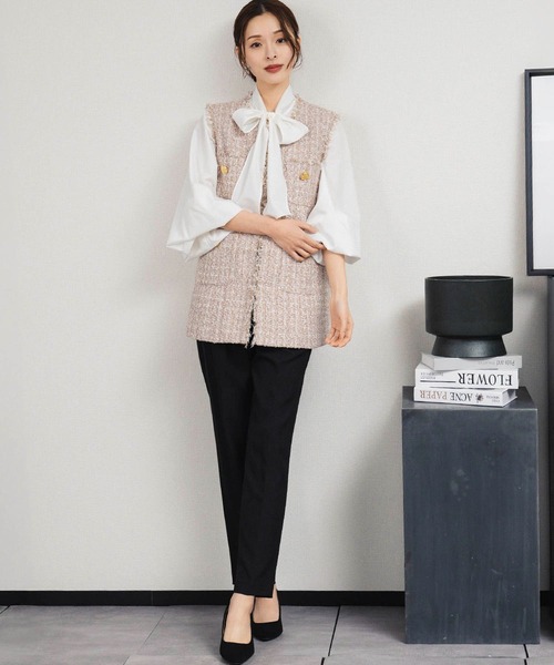セール】【3点セット】ツイードベスト ボウタイブラウス テーパード