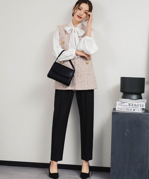 セール】【3点セット】ツイードベスト ボウタイブラウス テーパード