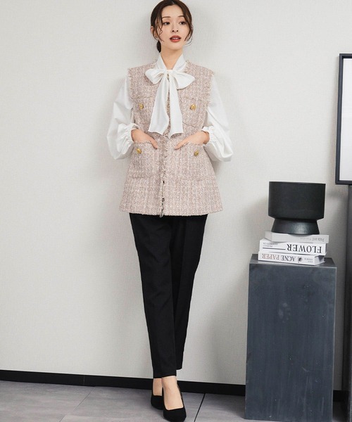 セール】【3点セット】ツイードベスト ボウタイブラウス テーパード