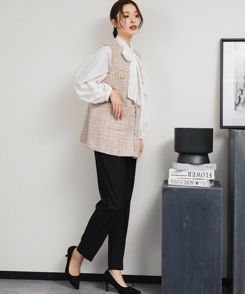 セール】【3点セット】ツイードベスト ボウタイブラウス テーパード