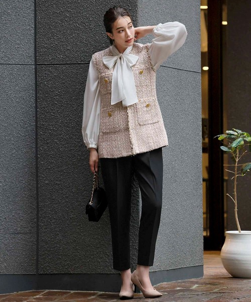 セール】【3点セット】ツイードベスト ボウタイブラウス テーパード