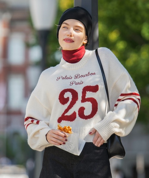 BONLECILL(ボンルシール)の「配色刺繍ロゴ ナンバリングニットプルオーバー(ニット/セーター・レディース・ブラック/アイボリー/ブラウン・FREE)」の6枚目の写真