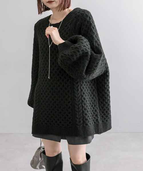 mline（エムライン）の「[mline]ケーブルスキッパーニット（ニット/セーター・レディース・ブラック/アイボリー・FREE）」の18枚目の写真